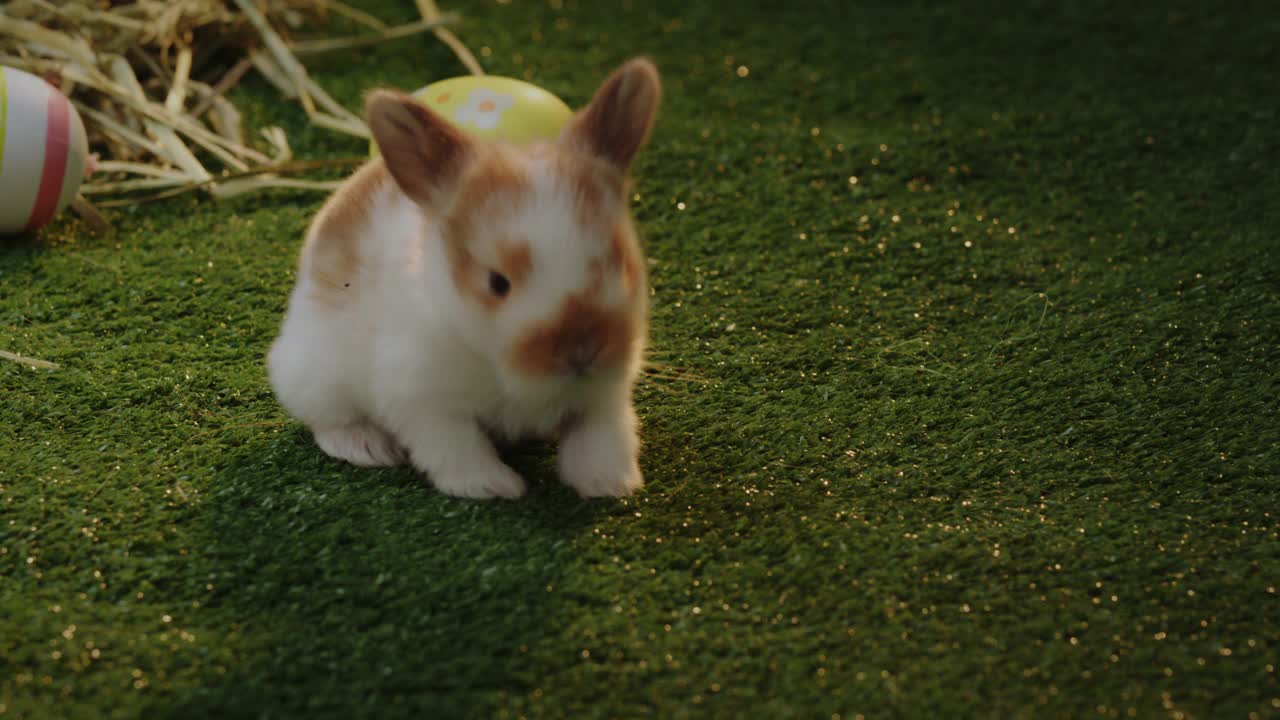 小兔子在窝里走来走去的特写镜头视频素材