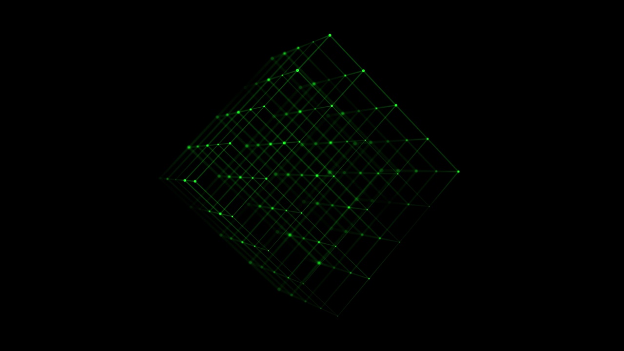 线框多边形元素。抽象的黑色背景与绿色立方体。技术使连接线和点成形。未来的概念。透视。三维立方体图标。虚幻的形式。网格结构。视频素材