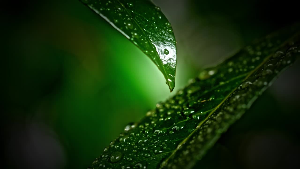 水從綠葉上滴下來視頻素材