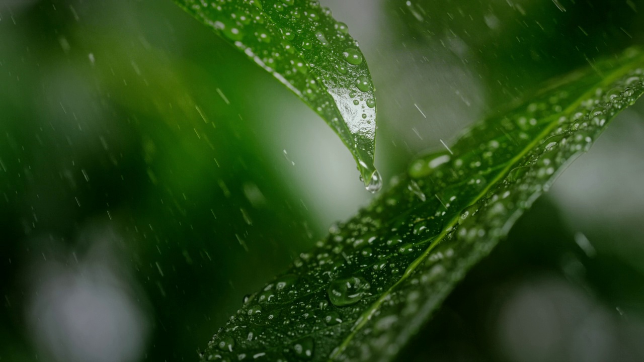 雨珠灑落在綠葉上視頻素材