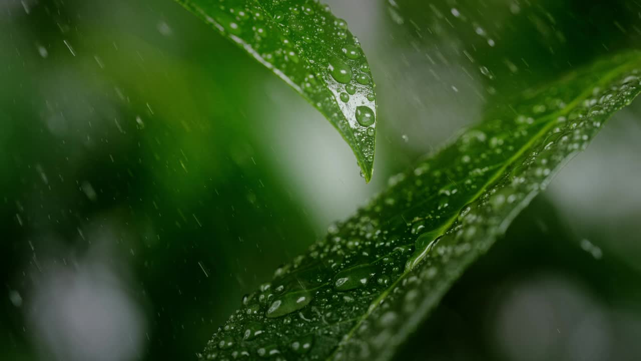 CU一滴滴暴雨從綠葉上滴落下來視頻素材