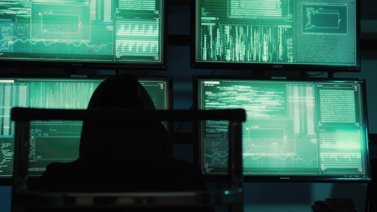 一个黑客程序员穿着连帽衫和黑色黑客面具隐藏自己的身份，用电脑进行黑客攻击，黑暗互联网的概念视频素材
