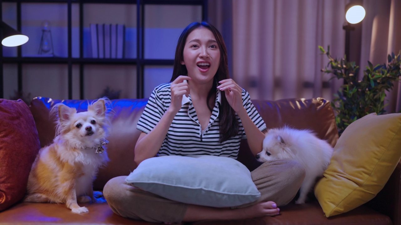 幸福目标胜利吸引人的亚洲青少年女性手起来手势退出和快乐的问候看体育电视节目与她的爱伙伴动物狗一起在客厅的沙发上在家里周末活动视频购买
