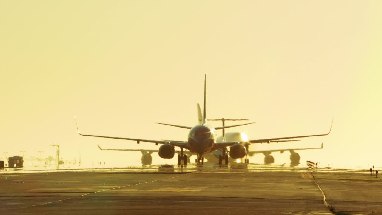 加利福尼亚，洛杉矶，日落时分，在洛杉矶国际机场排队起飞的飞机视频素材