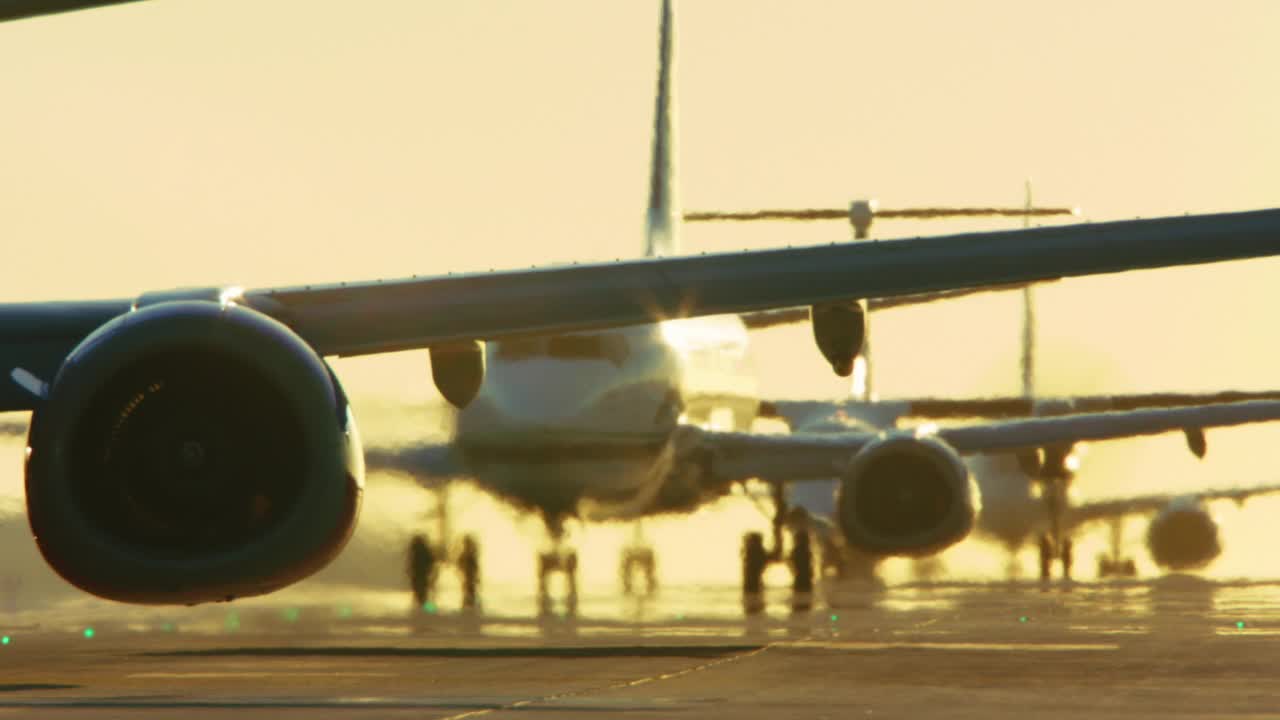 加州大学洛杉矶分校的飞机在洛杉矶国际机场排队起飞视频素材