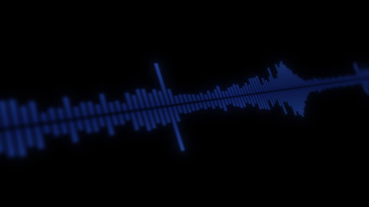 极简主义蓝色波形音频孤立在黑色背景。可视化声音图形元素。声音图形均衡器动画。视频素材