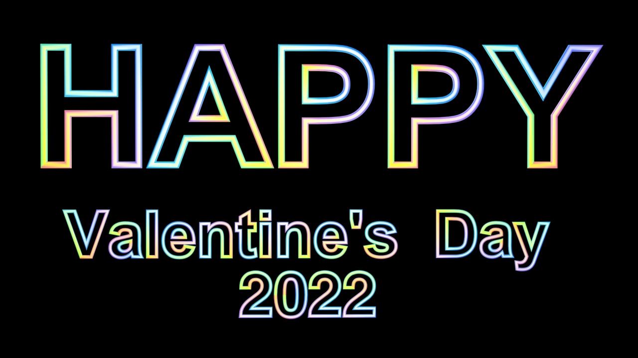黑色背景上的彩色字体“情人节快乐，2022”的3D动画。2月14日，情人节。视频素材