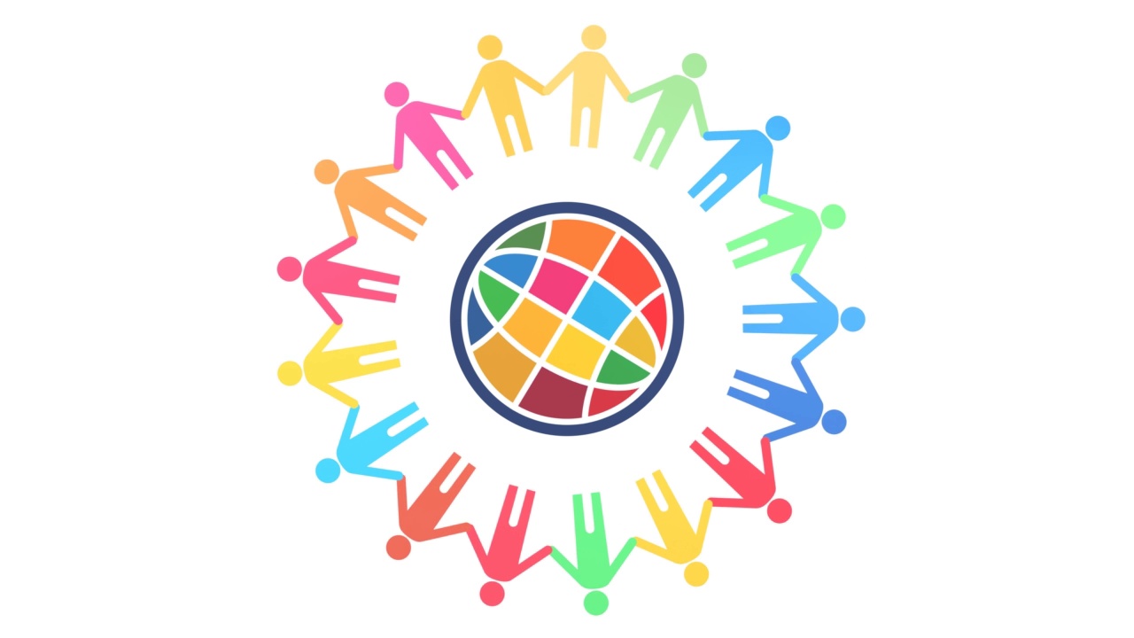 人类与地球标志的循环动画，使用可持续发展目标指定的17种颜色(白色背景)视频下载
