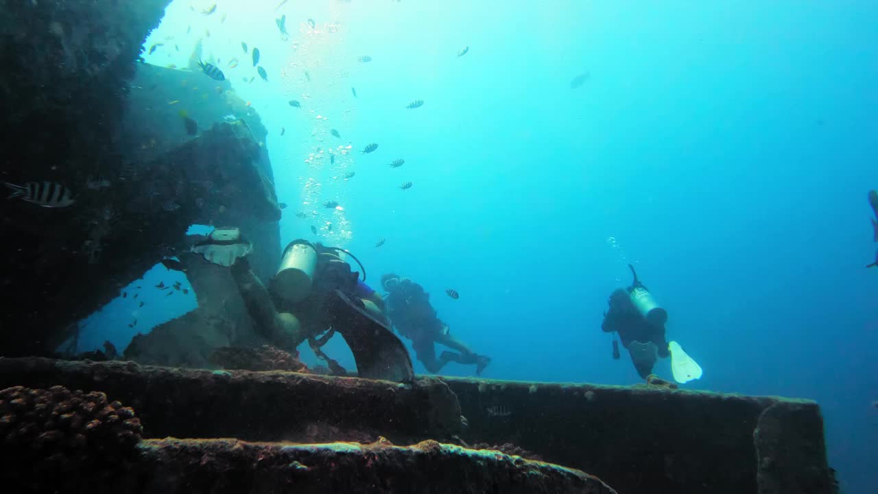 人们在海洋中探索沉船的4k视频视频下载