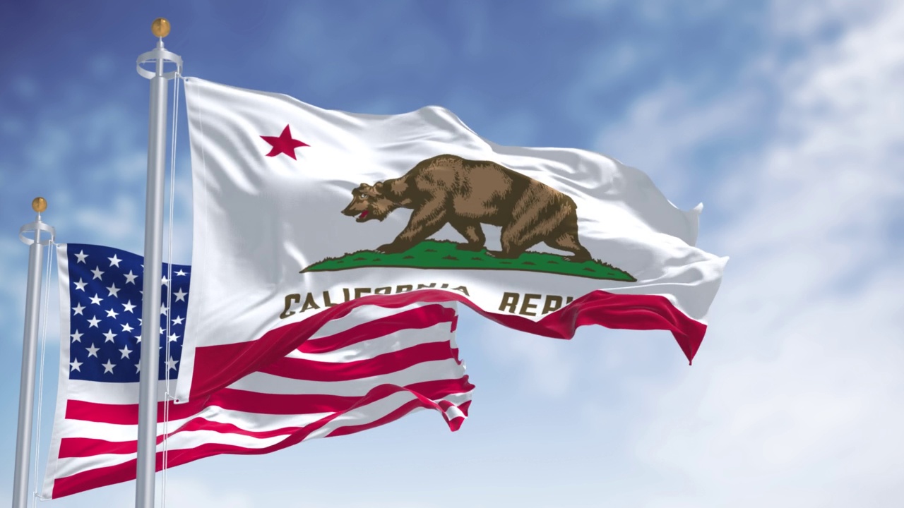 加州的州旗与美国国旗一起飘扬视频下载