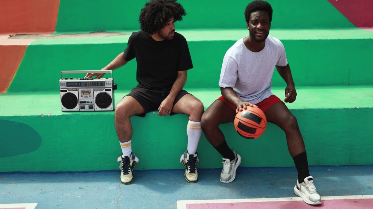年轻的非洲人听音乐从老式立体声室外篮球比赛后视频下载