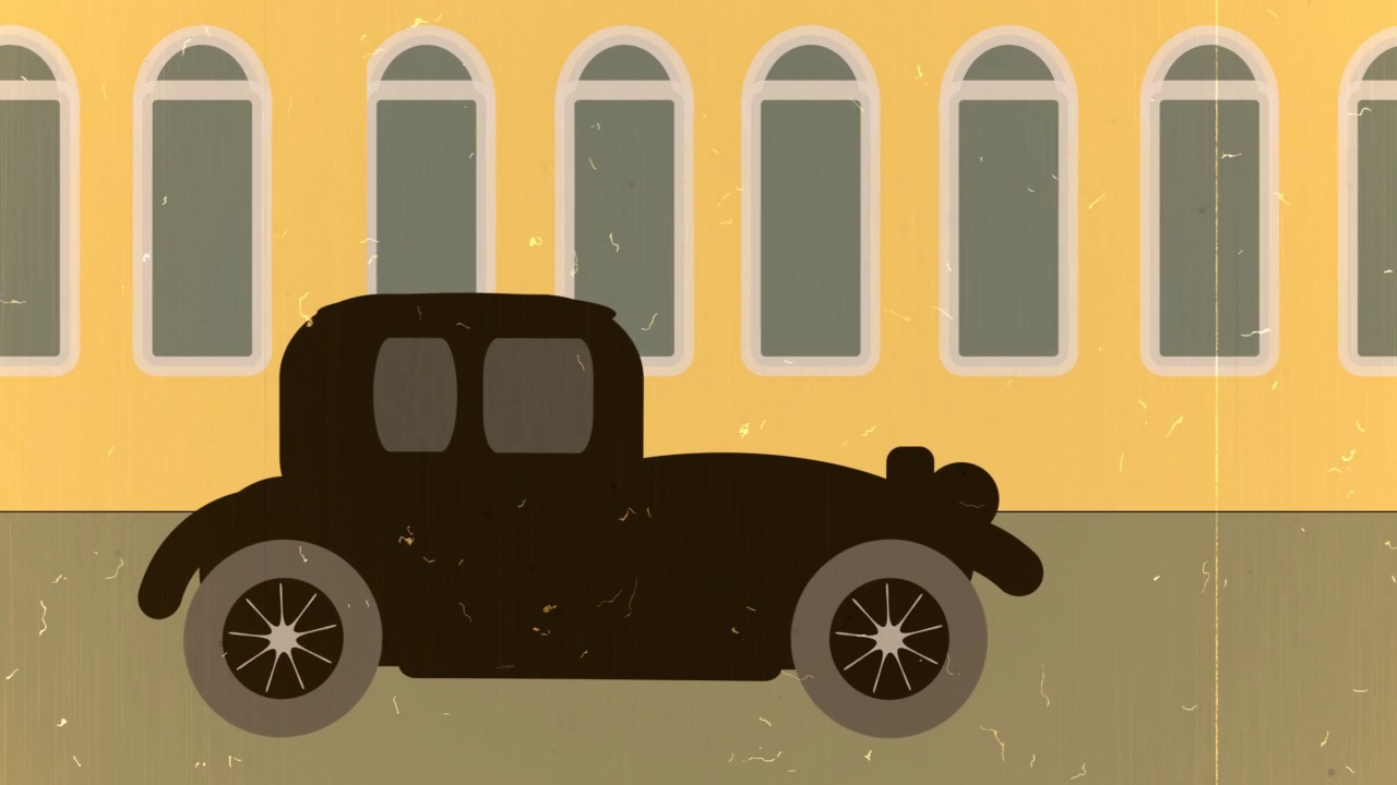 绘制动画复古汽车行驶在城市视频下载