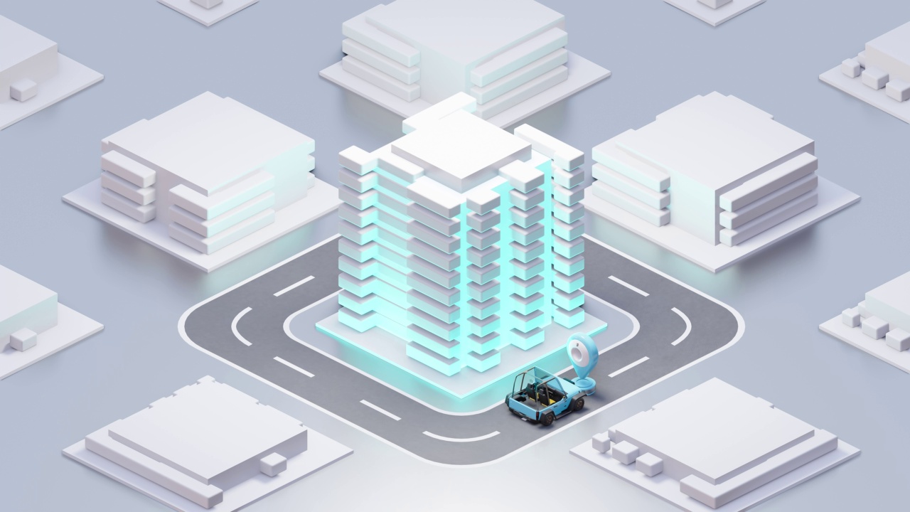 蓝色的车通过gps导航跟踪。设计概念最小和位置地图销动画循环GPS。视频素材