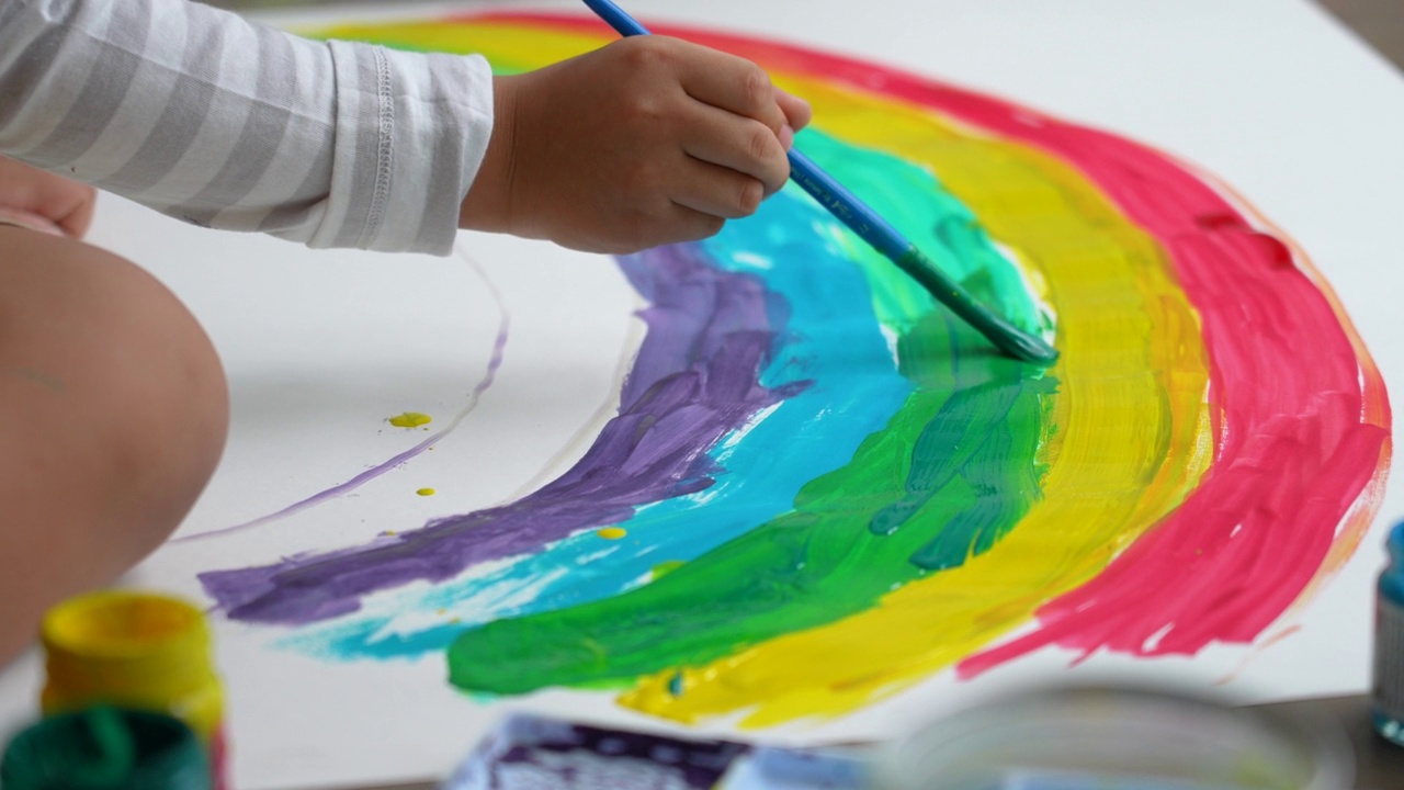 亚洲男孩用水彩画地球和彩虹。生态创意观念与环境问题视频下载