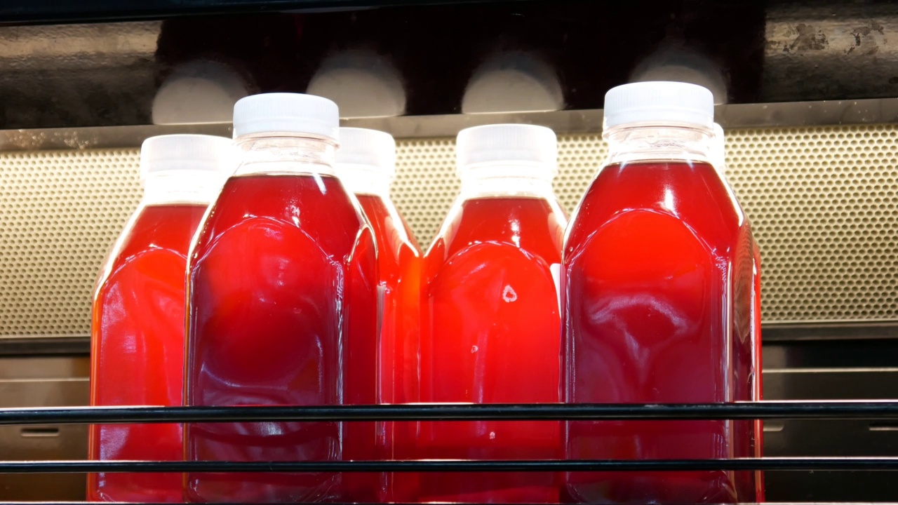 冰箱架子上的塑料瓶子和天然浆果汁的特写，一个男性的手拿了一个视频素材