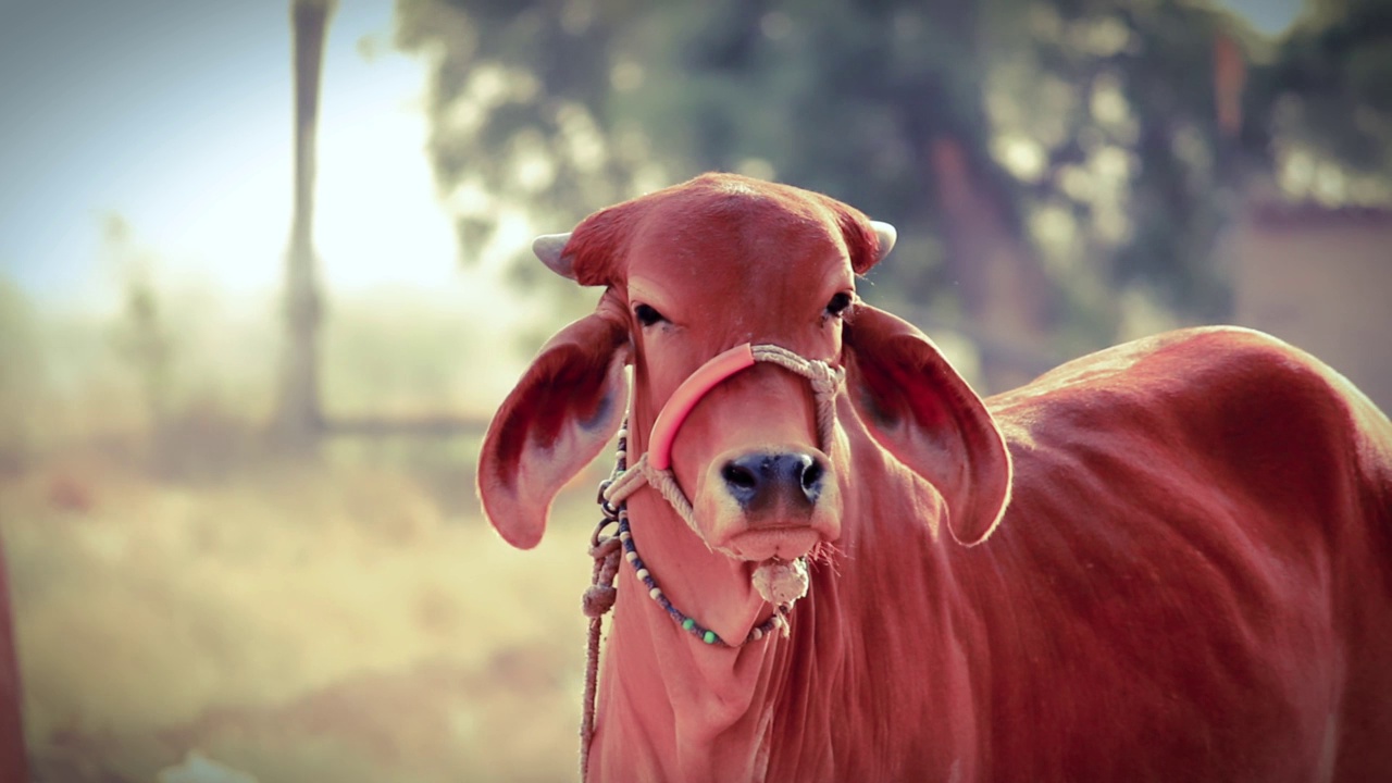 近距离观察印度婆罗门牛头，高乳亚洲牛，美丽的印度吉尔牛在农场捕获，印度农村与奶牛和农场，选择性聚焦视频素材