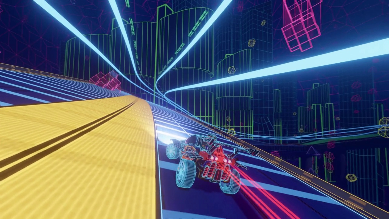 渲染多边形空间的越野赛车视频游戏的玩法。计算机生成的3D汽车在未来道路上快速行驶和漂移。视效动画。第三人称视角。视频素材