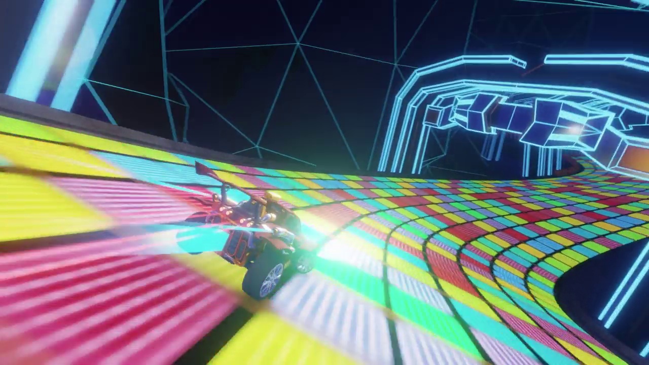 未来科幻幻想空间中的越野赛车电子游戏的玩法。计算机生成的3D汽车在未来道路上快速行驶和漂移。视效动画。第三人称视角。视频素材