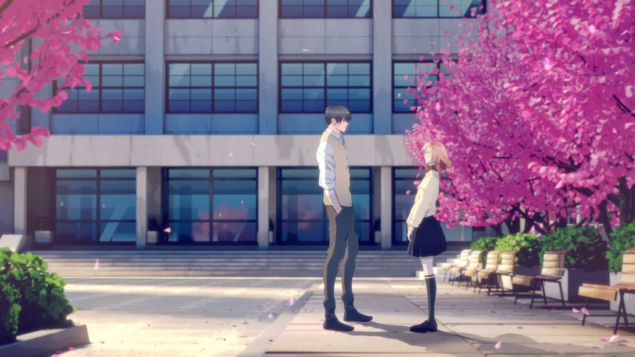 动漫蒙太奇与年轻人在校园遇到一个害羞的女孩与樱花树叶漂浮。在流媒体服务上播放的日本风格数字绘制电视节目。网络渠道。视频下载