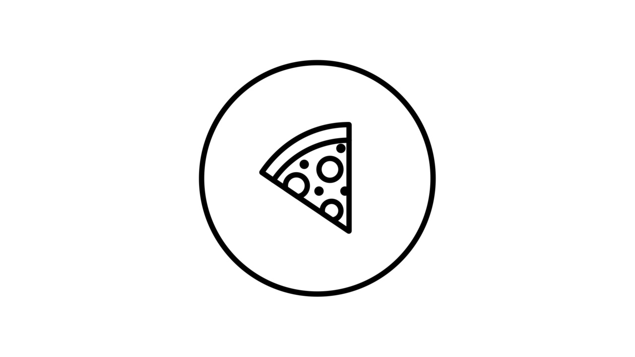 视频动画披萨片圆形黑白轮廓按钮，直线图标矢量插图，食品，快餐，香肠，视频动画，自画。视频下载