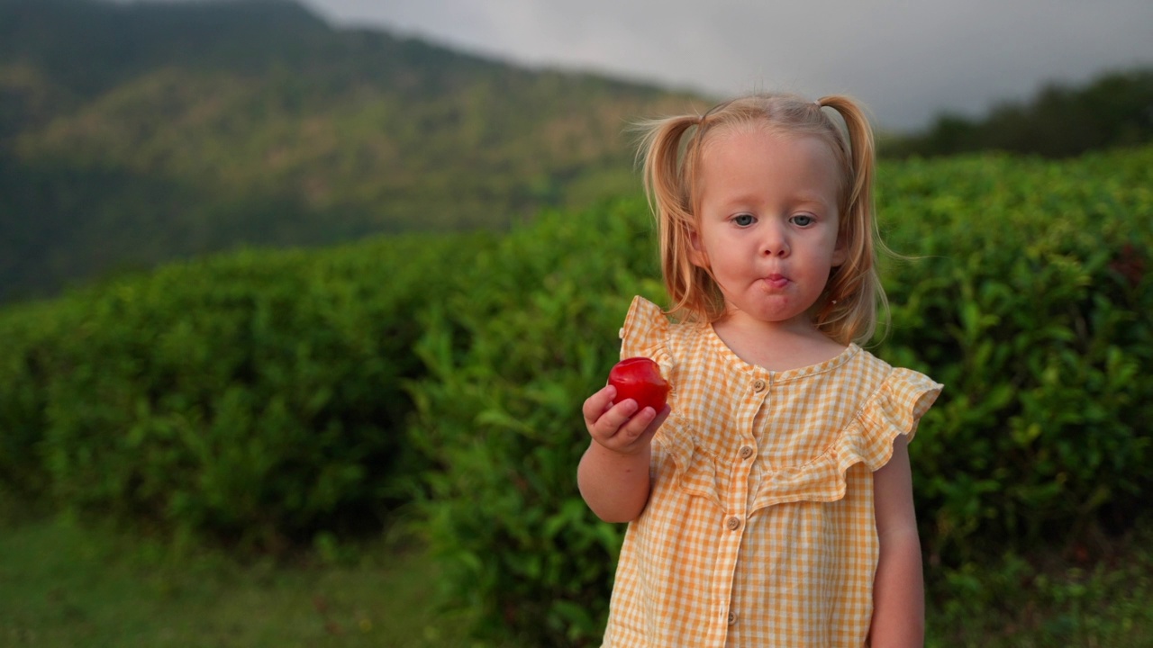 女婴在户外吃水果视频素材