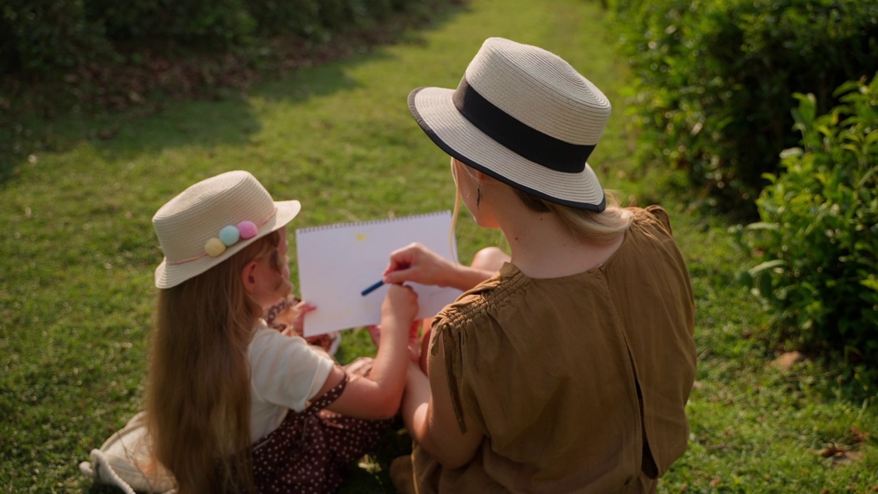 小女孩和妈妈正在画风景画，坐在大自然中，阖家欢度周末视频素材
