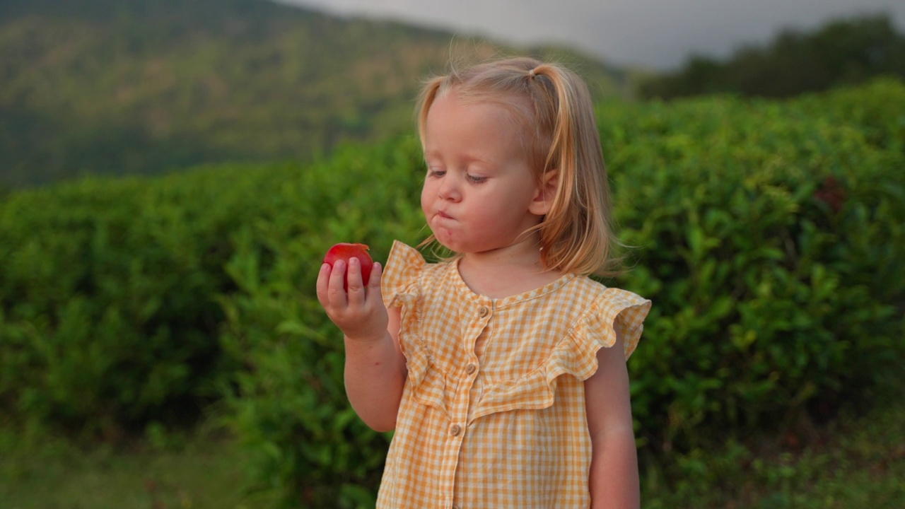 迷人的小女孩在大自然中吃着桃子，是白种人孩子的画像视频下载