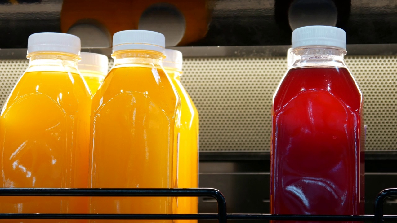 特写塑料瓶装天然水果和浆果汁在冰箱的架子上和一个男性的手拿一个视频素材