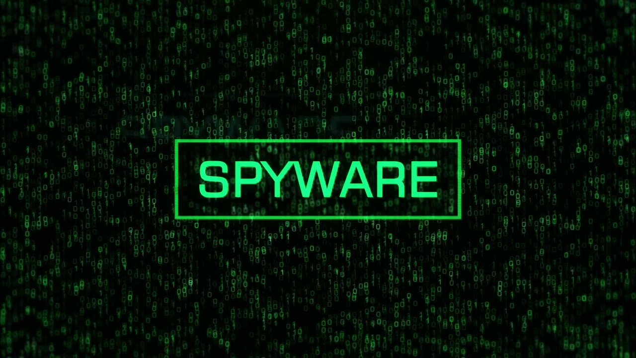 间谍软件警告计算机二进制背景。SPYWARE文本二进制代码和矩阵背景视频素材