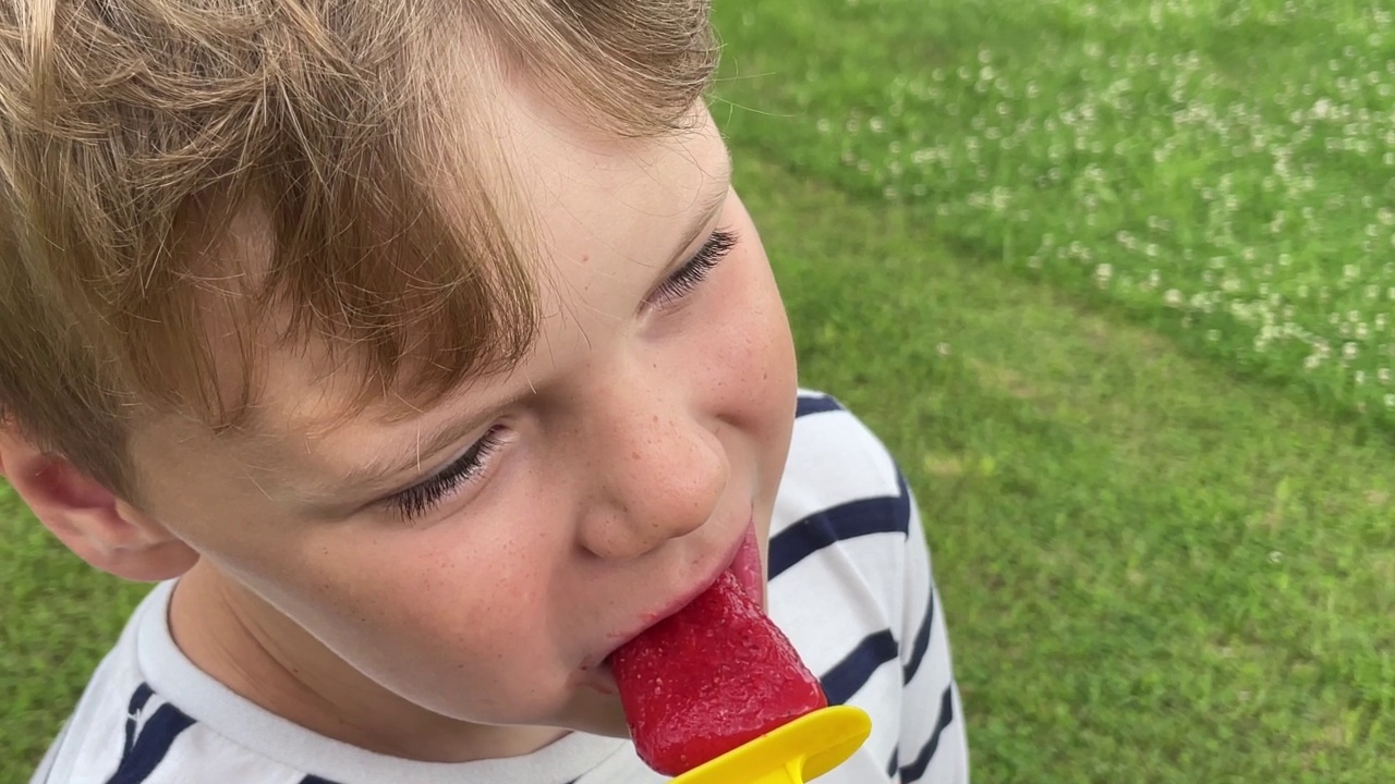 一个快乐的白人男孩的特写，吃着自家花园里种植的草莓自制的冰淇淋。视频下载