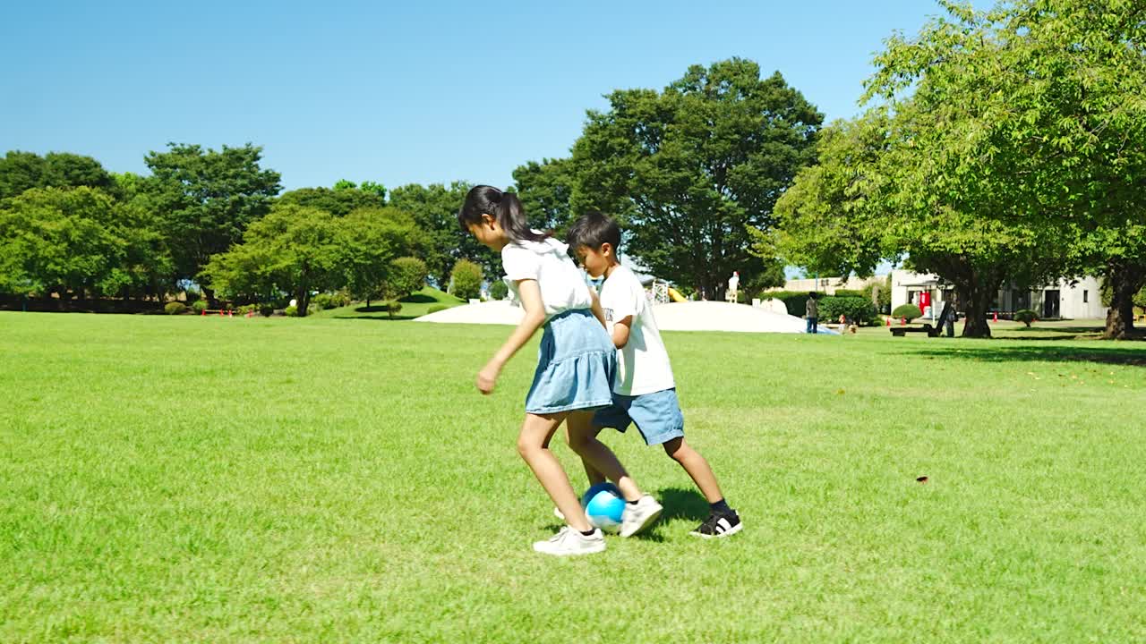 亞洲孩子在藍天下的公園里踢足球視頻素材