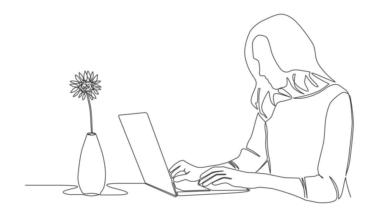 动画单线画的女人使用笔记本电脑视频素材