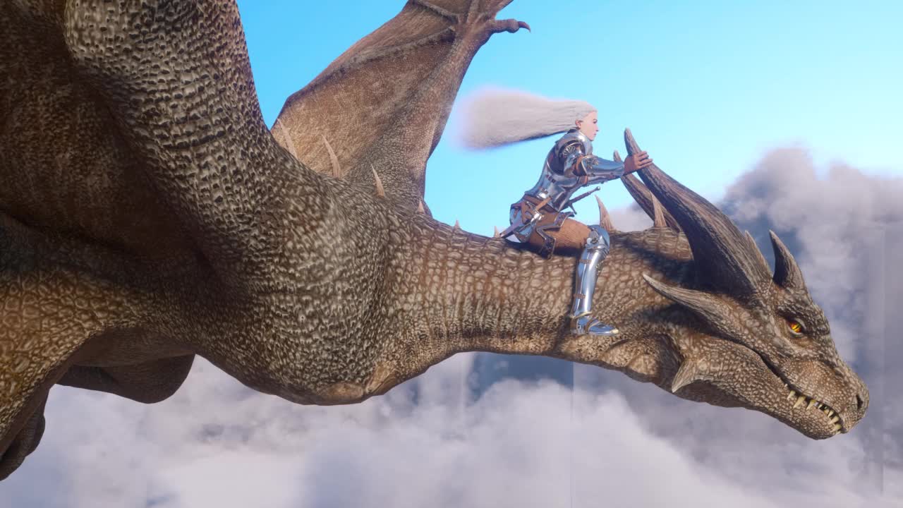 满头白发的女武士骑着龙在云端飞翔。幻想作品的场景。CGI动画三维渲染视频下载