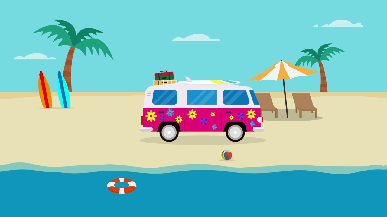 带着冲浪板和行李的嬉皮货车在海滩上行驶视频下载