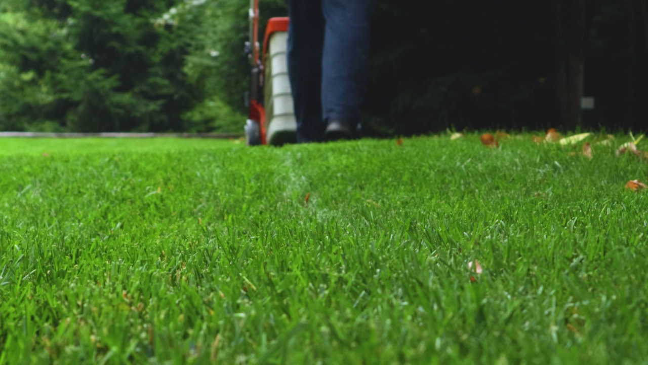 夏天用割草机割草坪的人。在模糊的背景中，花园里的草皮和用割草机割绿草的人。视频素材