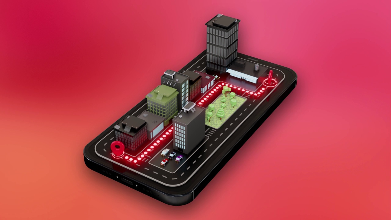 智能手机定位器城市标志和定位针或导航图标旅行搜索符号。三维抽象概念红色背景传输。4K超高清视频动画-斯托克视频视频素材