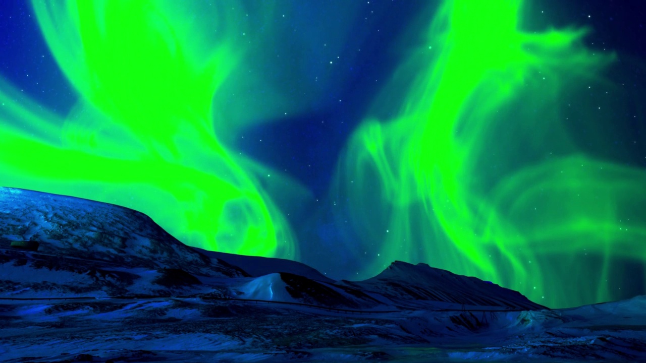 美丽的北极光动画。挪威、加拿大、芬兰、冰岛和瑞典的北极光。寒冷的夜晚，极地的天气和蓝色的星空。奇妙的运动背景。视频素材