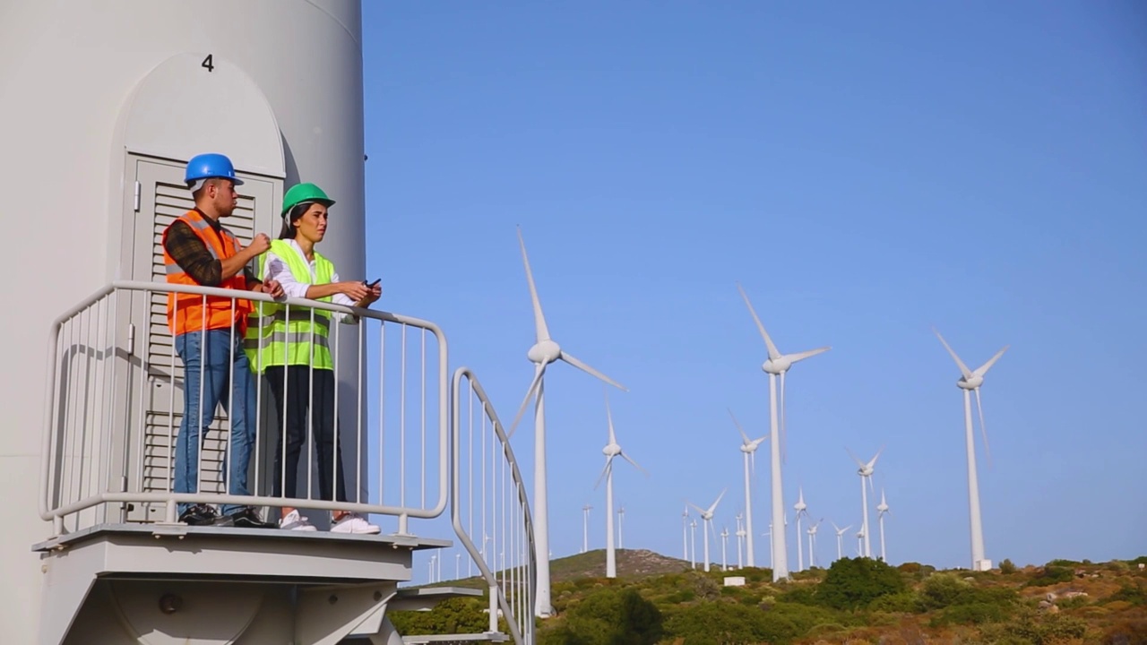 在风电场中研究风力涡轮机的工程师视频素材