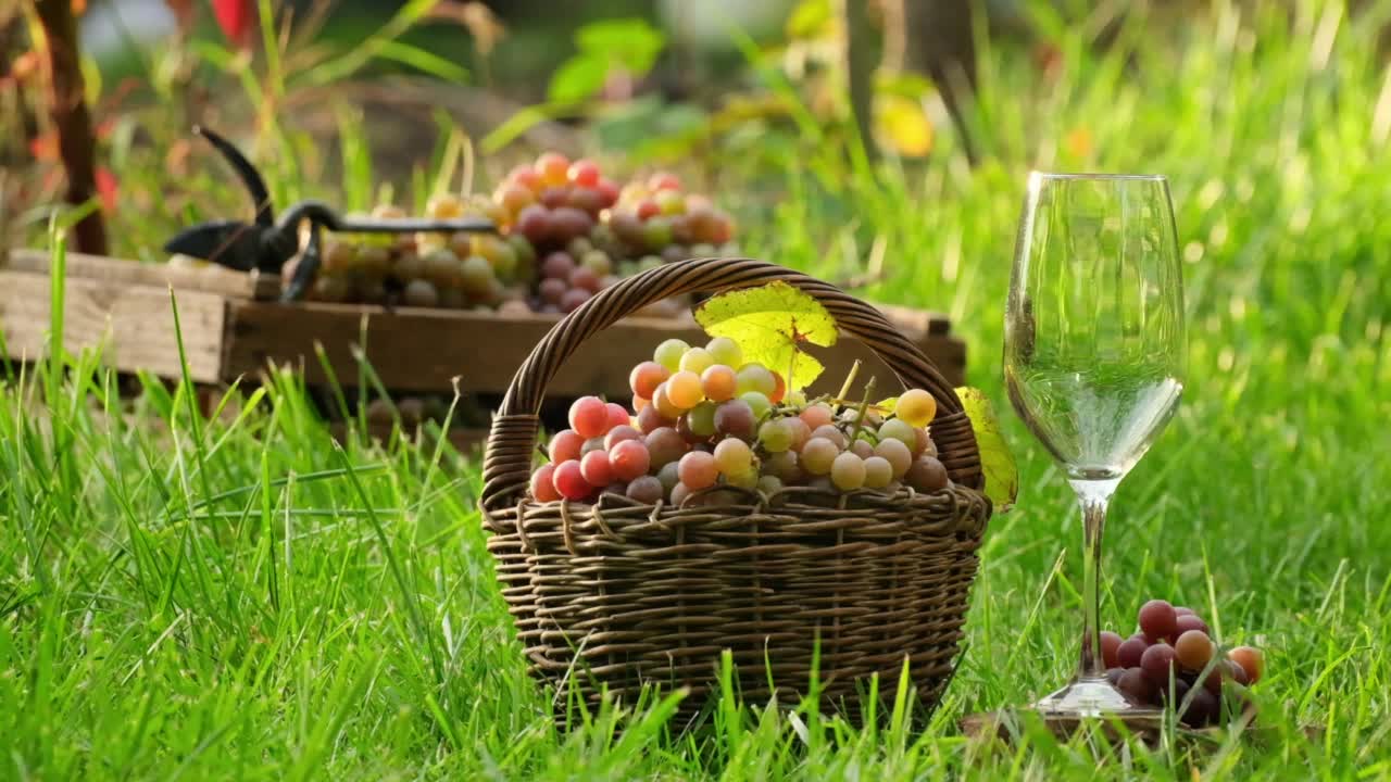 在室外的葡萄园里，在葡萄酒葡萄收获的时候，将甜品酒从瓶子里倒进玻璃杯里。葡萄栽培。葡萄收获。品酒文化。把白葡萄酒倒在花园里的玻璃杯里视频素材