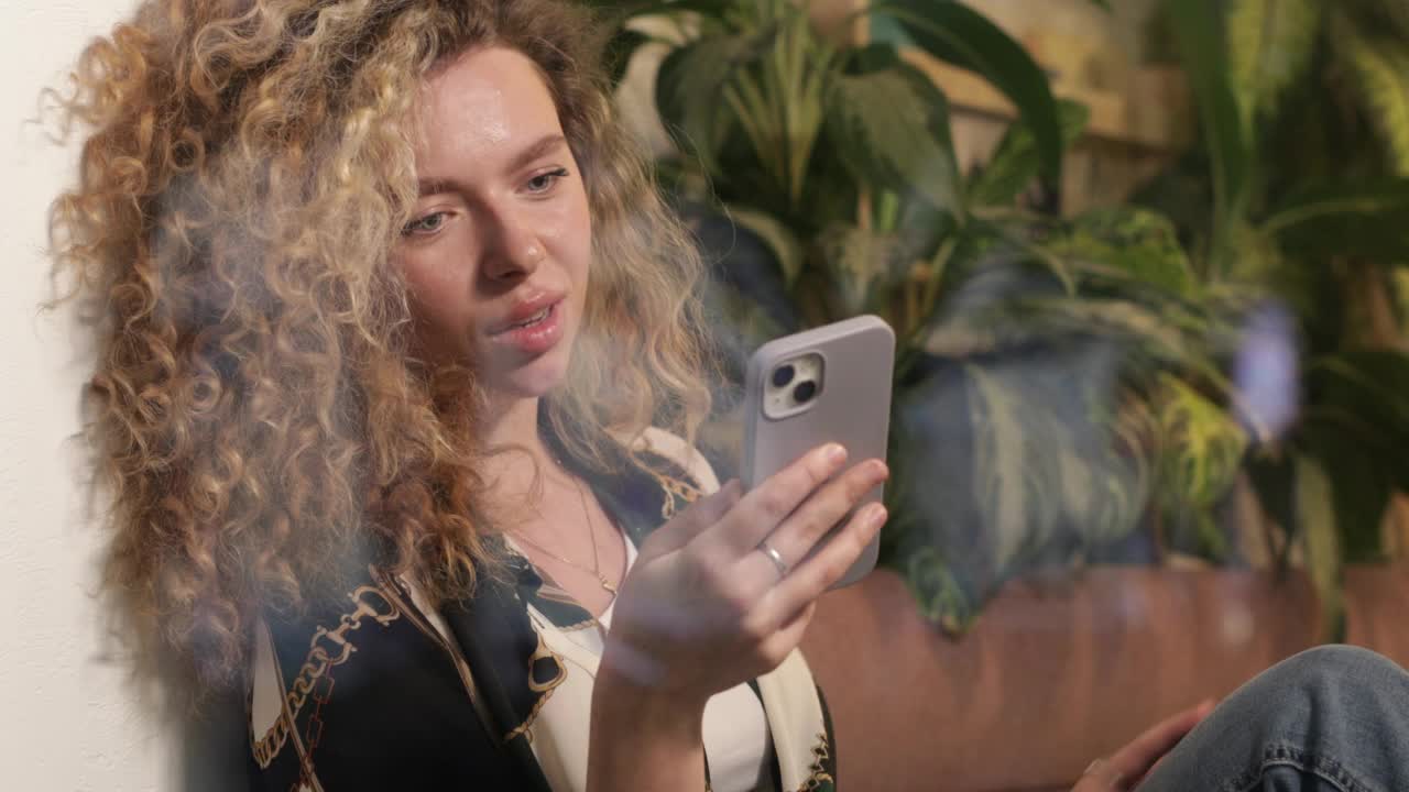 可爱的卷发女孩在咖啡馆用手机视频素材