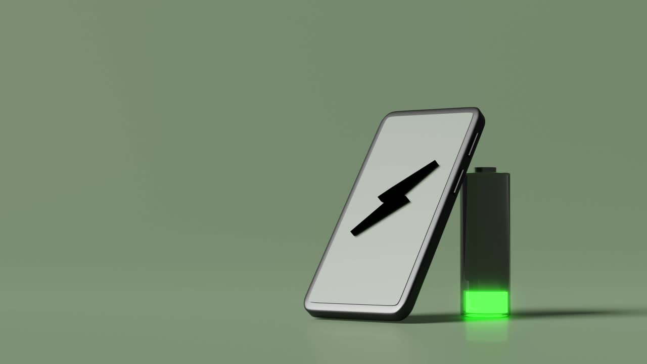 3d动画与智能手机或移动电话充电与电池充电指示灯隔离在绿色背景。充电电池技术概念视频素材