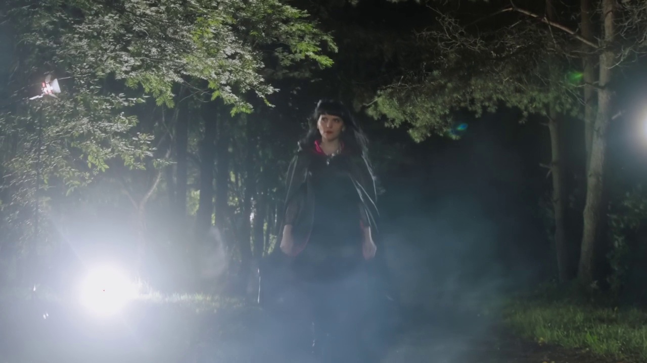 一个中世纪的法师女孩穿着斗篷，在夜幕下穿过一片雾气蒙蒙的森林，树叶在飘落，风在吹视频素材