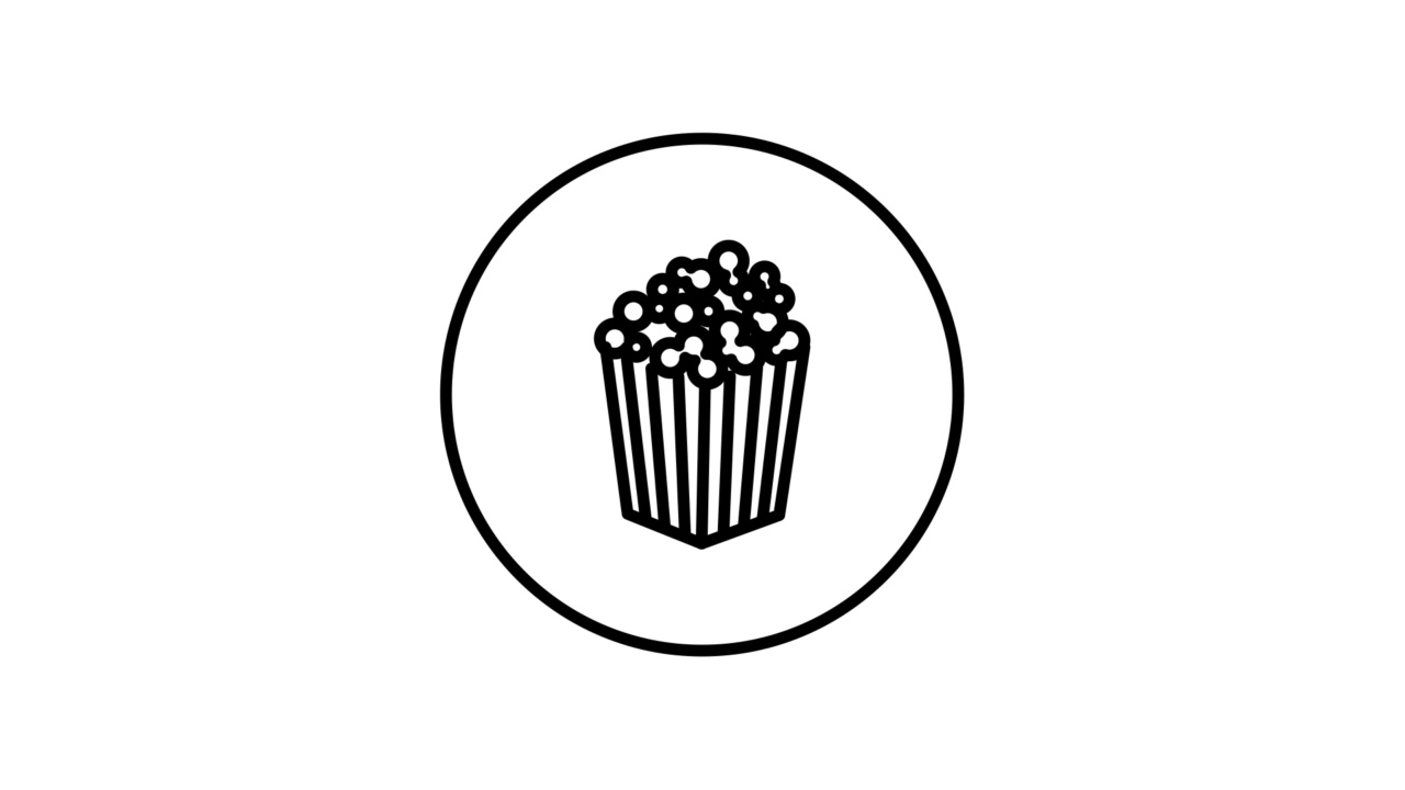 爆米花袋，电影，食品，在圈黑白轮廓按钮，线图标矢量插图视频动画，自绘制。视频下载