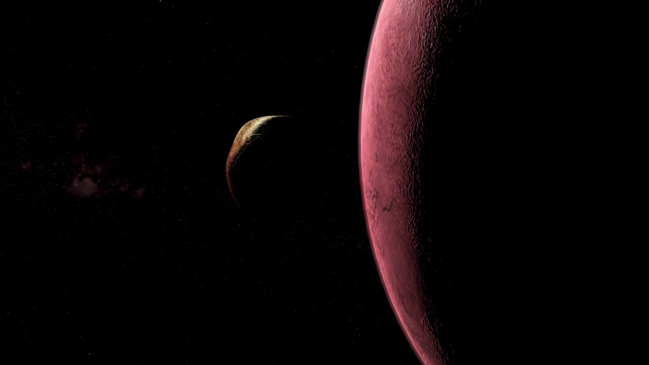 50000 Quaoar，矮行星，与一颗红星附近的Weywot卫星运行视频素材