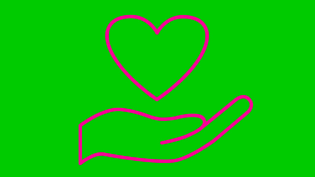 手掌上跳动着粉红色的心。循环播放的心跳视频。慈善，健康，医药的概念。矢量插图孤立在绿色背景上。视频素材