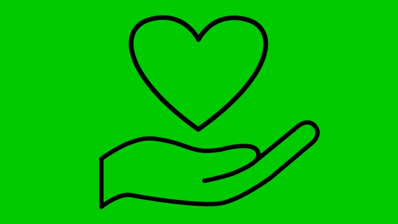 手掌上跳动着黑色的心。循环播放的心跳视频。慈善，健康，医药的概念。矢量插图孤立在绿色背景上。视频素材