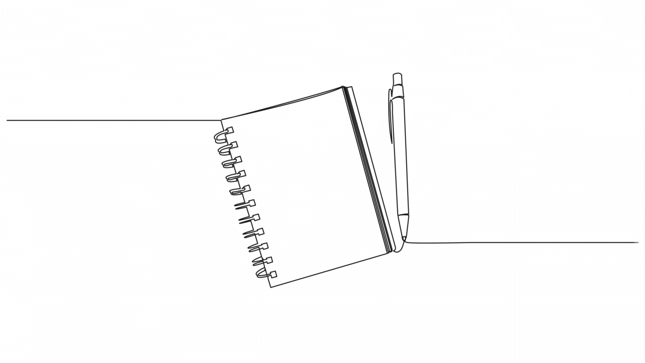 动画连续的单线画螺旋记事本和钢笔视频素材