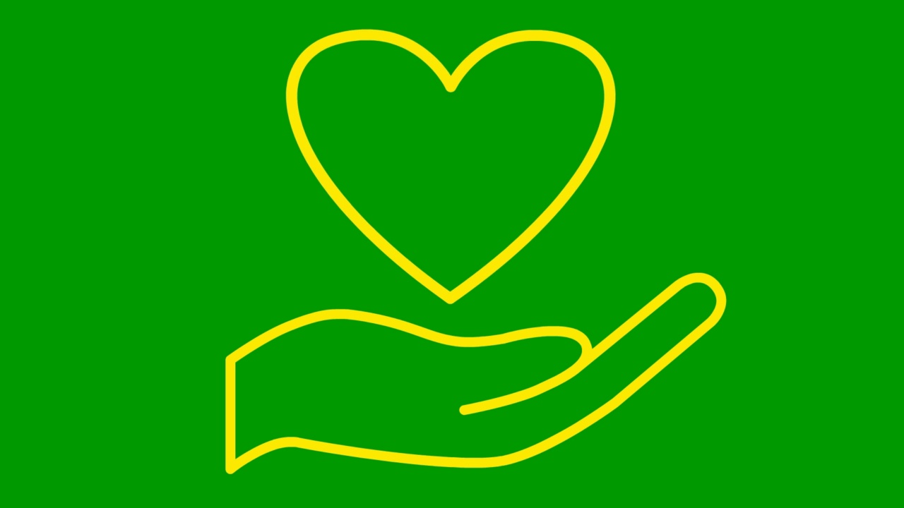 手掌上跳动着黄色的心。循环播放的心跳视频。慈善，健康，医药的概念。矢量插图孤立在绿色背景上。视频素材