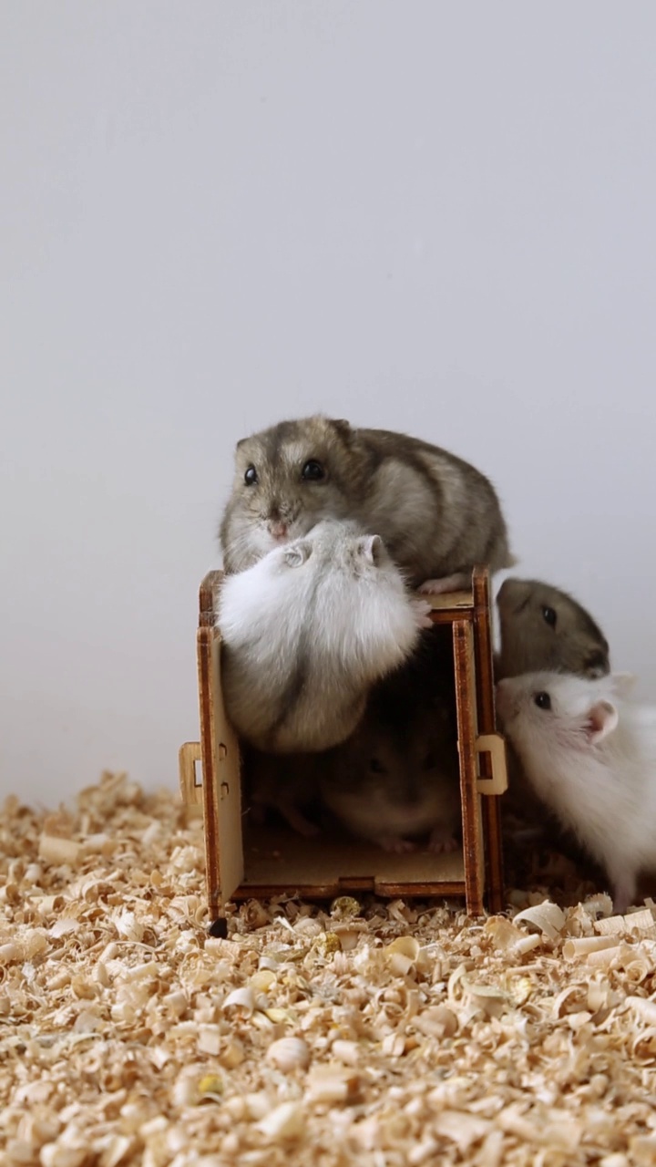 一群啮齿类动物爬进了一间木屋。一窝老鼠。宠物的生活视频素材