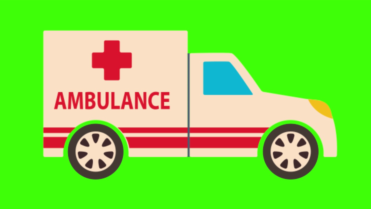 彩色的简单动画的救护车孤立在一个绿色的屏幕在4K视频下载